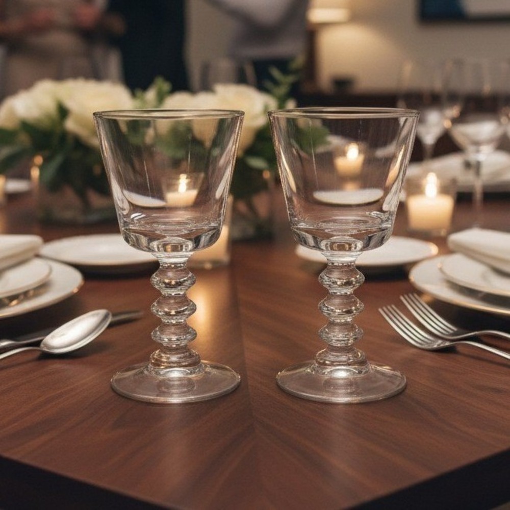 Wafer Stem Wine Goblets Set of 2, Vintage Pressed‎ Glass, Mid-Century Stemware
